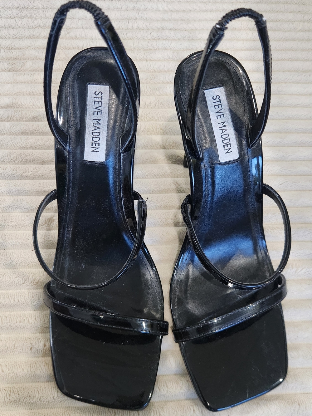 Steve Madden Black Patent Square-Toe Strappy Slingback Heels